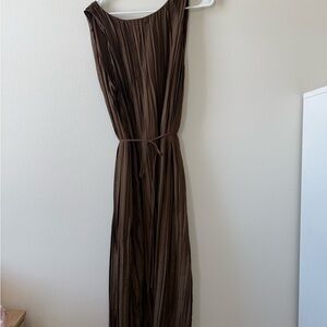 Women's Brown Pleated Midi Dress with Waist Tie